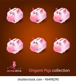 Origami Pigs collection. Vector icon set
