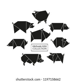 Origami pigs icon set. Abstract black pig, boar sign silhouette isolated on white. Freehand drawn cut out paper domestic swine animal emblem. Template geometric logo design. Vector symbol illustration