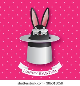Origami Pink Greeting card with Happy Easter - with Black Easter rabbit with white sunglasses. Bunny ears in magician or illusionist hat. Hiding rabbit. Spring Funny Bunny. Easter Bunny. Easter Egg 