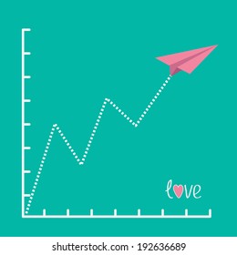 Origami pink paper plane and zigzag scale. Love card. Flat design. Vector illustration.