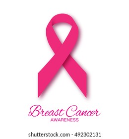 Origami Pink ribbon, paper cut breast cancer awareness symbol on white background. Vector design illustration.