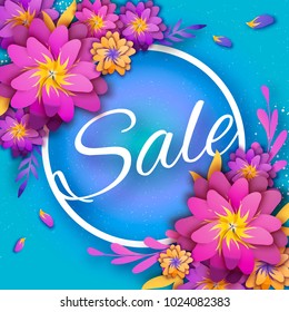 Origami Pink Spring Sale Flowers Banner. Paper cut Floral card. Spring blossom. Happy Womens Day. 8 March. Text. Seasonal holiday on blue. Trendy decor. Spring Sale Poster, Flyer, voucher discount.