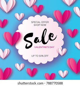 Origami Pink, white hearts. Valentine's day sale offer, banner template in paper cut style on blue background. Circle wave frame. Text. Shop market poster. Romantic Holidays. Love. 14 February.