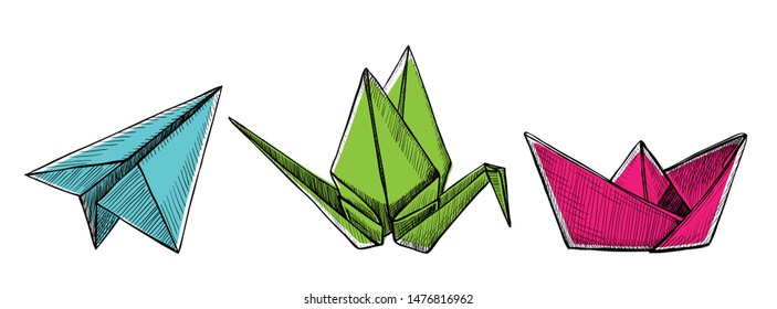 Origami plane, crane and boat, vector hand drawn graphic illustration, folded paper craft style, isolated on white background