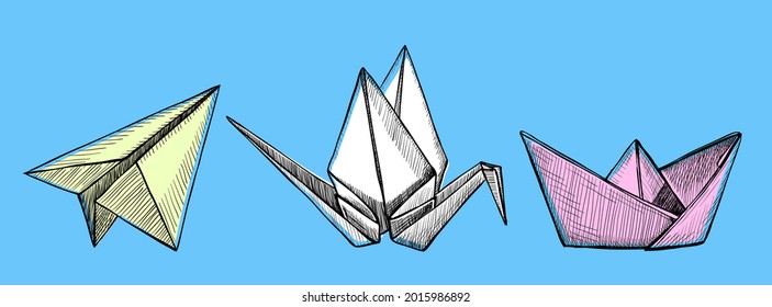 Origami plane, crane and boat, vector hand drawn graphic illustration, folded paper craft style