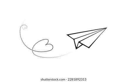 Origami plane with dotted trajectory line in hearts. Simple vector illustration.