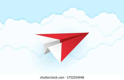 Origami plane flying in the sky, paper art style