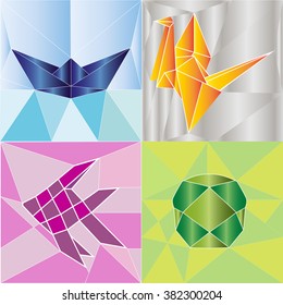 origami polygon design with paper boat, paper bird, paper fish and paper ball on colorful polygon background vector