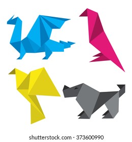 Origami in printing inks. Four simple stylized origami models in printing inks. Concept for presenting of color printing.  Vector available. 