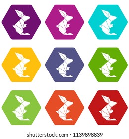 Origami rabbit icons 9 set coloful isolated on white for web