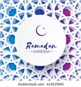 Origami Ramadan Kareem Greeting card. Paper cut arabic arabesque Window. Crescent Moon. Holy month of muslim. Symbol of Islam. Applique Design Vector illustration.