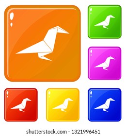 Origami raven icons set collection vector 6 color isolated on white background