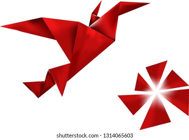 Origami of the red bird flying in the sky and sun rays isolated on the white background - vector