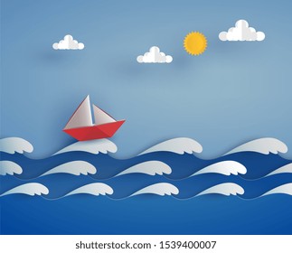 origami red boat on the sea wave in blue seascape view with clouds, sun and blue sky. vector illustrator design in paper cut concept.