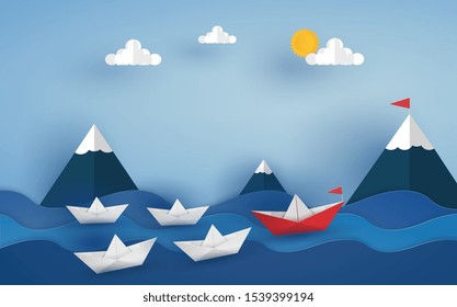 origami red boat and team in blue seascape view with clouds, sun, mountain and blue sky. vector illustrator design in paper cut concept.