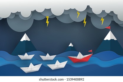 origami red boat and team in blue seascape view with storm, clouds, sun, mountain and blue sky. vector illustrator design in paper cut concept.