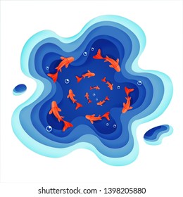 Origami red orange fish on blue water polygonal trendy craft style, Paper art cutout design background, Vector illustration