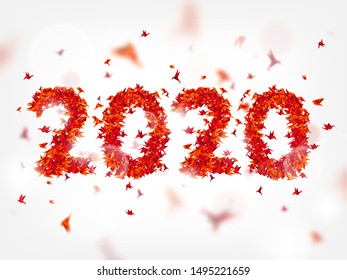 Origami red paper birds on abstract background. Christmas and New Year. Winter 2020 greeting card. Japan.