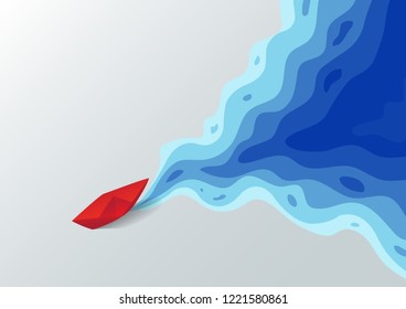 Origami red paper boat on blue water polygonal trendy craft style, Paper art design background, Vector illustration