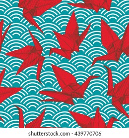 Origami red paper cranes set sketch seamless pattern. burgundy maroon line Nature oriental background with japanese wave circle pattern pastel colors on green blue background. Vector