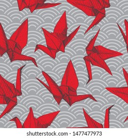 Origami red paper cranes sketch seamless pattern. burgundy maroon line on Gray Nature oriental background with japanese wave circle. Can be used for Gift wrap, fabrics, wallpapers. Vector