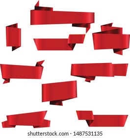 Origami Red Ribbon Set InIsolated White Background, Vector Illustration