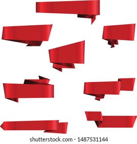 Origami Red Ribbon Set InIsolated White Background, Vector Illustration