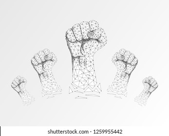 Origami Revolution Sign gesture. Group of Clenched fist raised in air. Victory, solidarity, punch, strike, change protest. Deaf People silent communication alphabet. Vector on white background