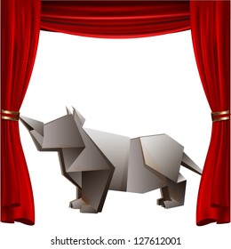 origami rhino with red curtain show background. vector design