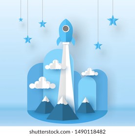 origami rocket launch over the mountain - clouds and go to the stars on light blue background in vector paper cut concept.