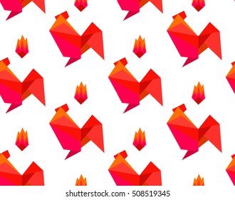 Origami rooster and fire. Seamless pattern. Vector 