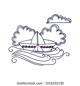Origami sailboat icon with a cloud and wave, portraying a paper boat on a white background. Perfect for artistic or maritime-themed designs, featuring a charming paper craft illustration.