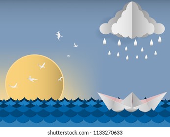 Origami sailing floating on the sea and rain, paper art style.
