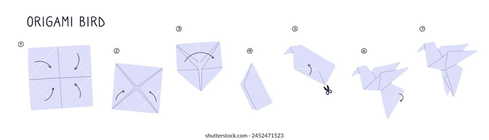 Esquema de origami. Instrucción paso a paso. Haciendo guía de grúa japonesa. Pájaro de papel doblado. Símbolo de amistad y buena suerte. Hobby asiático. Manual de paloma hecho a mano. chillón