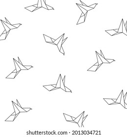Origami seamless contour pattern. Crane sketch pattern. Japanese style seamless pattern.