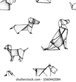 Origami - seamless pattern with black paper dogs
