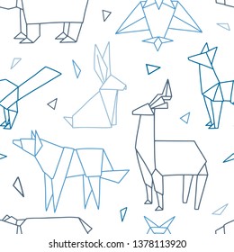 Origami seamless pattern. Cute texture with animals and bird in a outline. Vector geometric background: bear, fox, wolf, hare, deer, owl. Hand drawn forest. Doodle surfase design for textile, paper