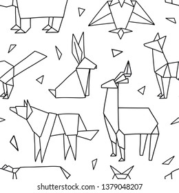 Origami seamless pattern. Cute texture with animals and bird in a outline. Vector geometric background: bear, fox, wolf, hare, deer, owl. Hand drawn forest. Doodle surfase design for textile, paper