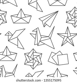 Origami seamless pattern with flat line icons. Paper cranes, bird, boat, plane vector illustrations. Monochrome background black white color thin signs for japanese creative hobby.