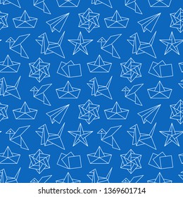 Origami seamless pattern with flat line icons. Paper cranes, bird, boat, plane vector illustrations. Background blue white color thin signs for japanese creative hobby.