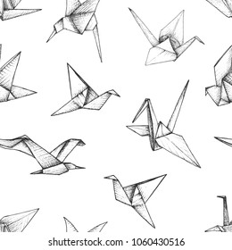 Origami - seamless pattern with gray paper birds