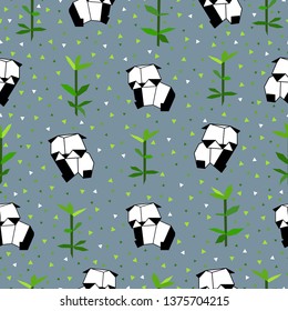 Origami seamless pattern. Panda bear, bamboo.