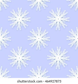 Origami seamless pattern with snowflakes on blue background. Paper cut abstract vector illustration