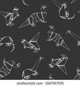 Origami - seamless pattern with white paper dinosaurs