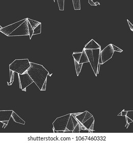 Origami - seamless pattern with white paper animals
