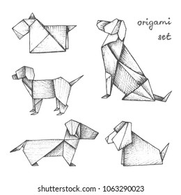 Origami - set of 5 gray paper dogs