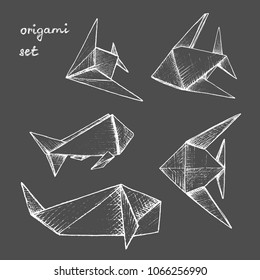 Origami - set of 5 white paper fishes