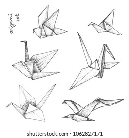 Origami - set of 6 gray paper birds