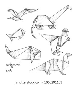 Origami - set of 6 gray paper figures of animals