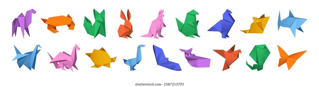 Origami set. Different crafts of folded paper with shapes of various animals. Handmade Japanese figures of crane, birds, dragon, fox. Creative hobby. Flat isolated vector illustrations on white